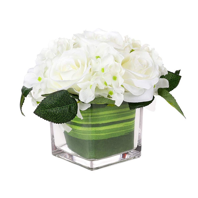 Fule Artificial Silk Rose Flower Centerpiece Arrangement in vase for Home Wedding Decoration (White) - Image 1